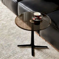 Black Brown Round Modern Side Table, Steel & Glass Top