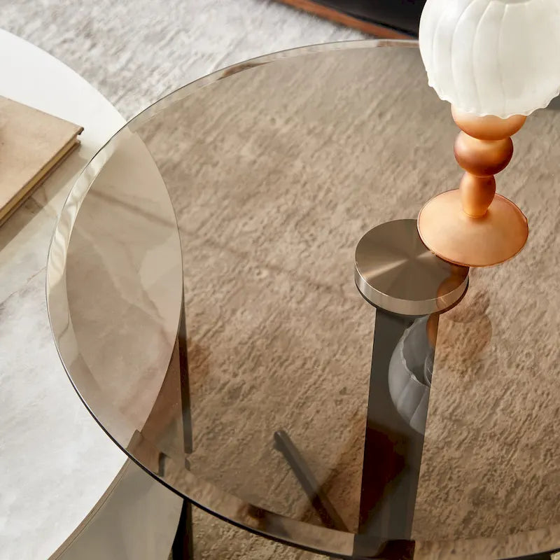 Black Brown Round Modern Side Table, Steel & Glass Top