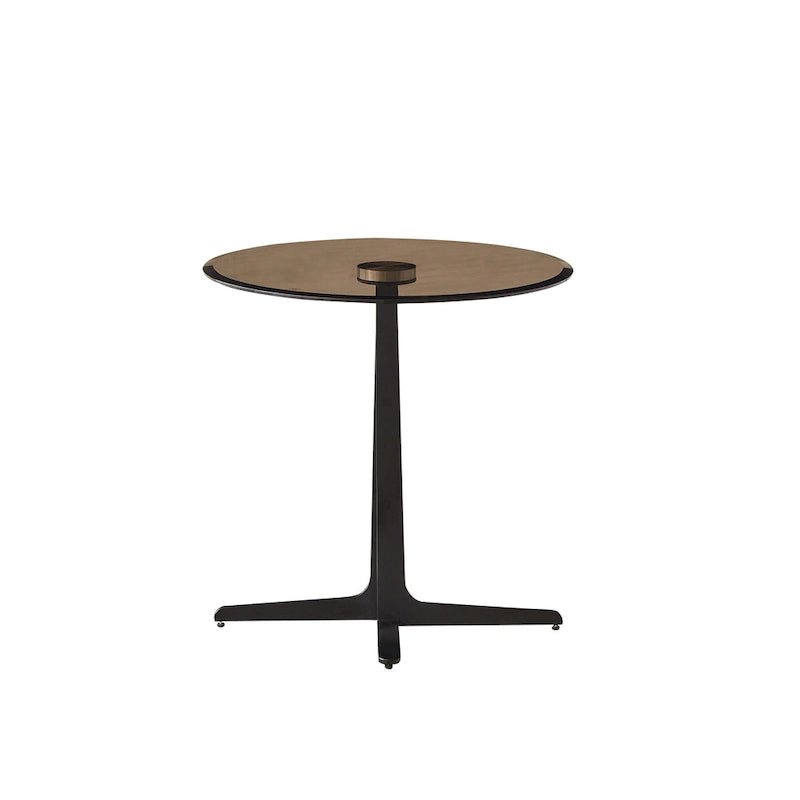 Black Brown Round Modern Side Table, Steel & Glass Top