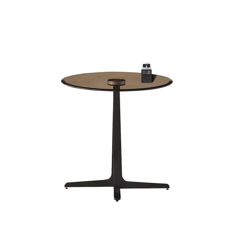Black Brown Round Modern Side Table, Steel & Glass Top