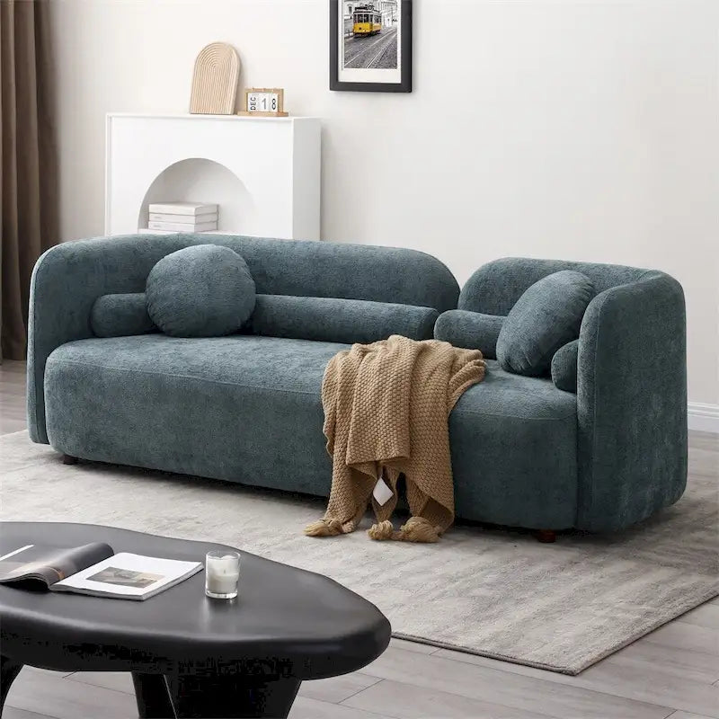 Green / Light Beige Velvet 3-Seater Sofa with Wooden Legs