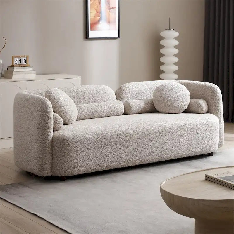 Green / Light Beige Velvet 3-Seater Sofa with Wooden Legs