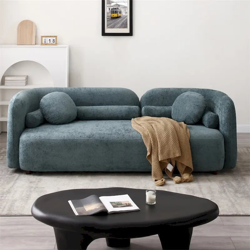 Green / Light Beige Velvet 3-Seater Sofa with Wooden Legs