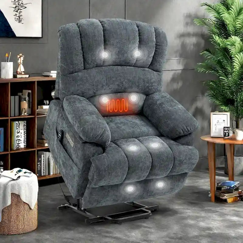 Brown / Blue-gray / Beige Chenille Power Lift Recliner Chair with Massage & Heat, Single