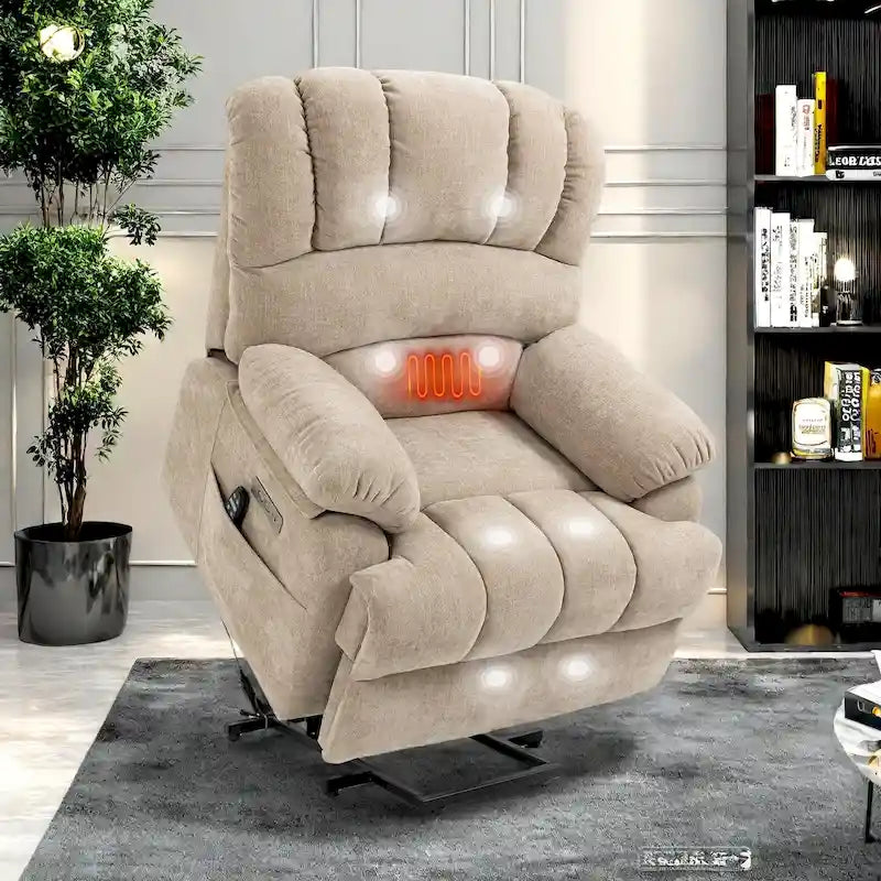 Brown / Blue-gray / Beige Chenille Power Lift Recliner Chair with Massage & Heat, Single