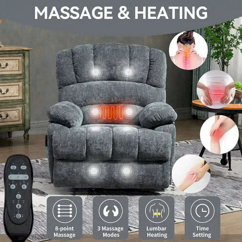 Brown / Blue-gray / Beige Chenille Power Lift Recliner Chair with Massage & Heat, Single