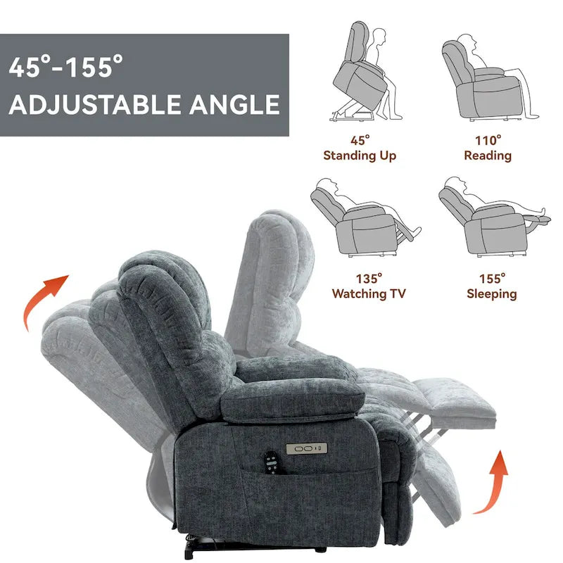 Brown / Blue-gray / Beige Chenille Power Lift Recliner Chair with Massage & Heat, Single