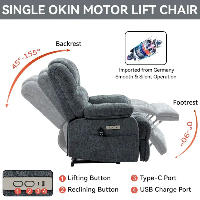 Brown / Blue-gray / Beige Chenille Power Lift Recliner Chair with Massage & Heat, Single