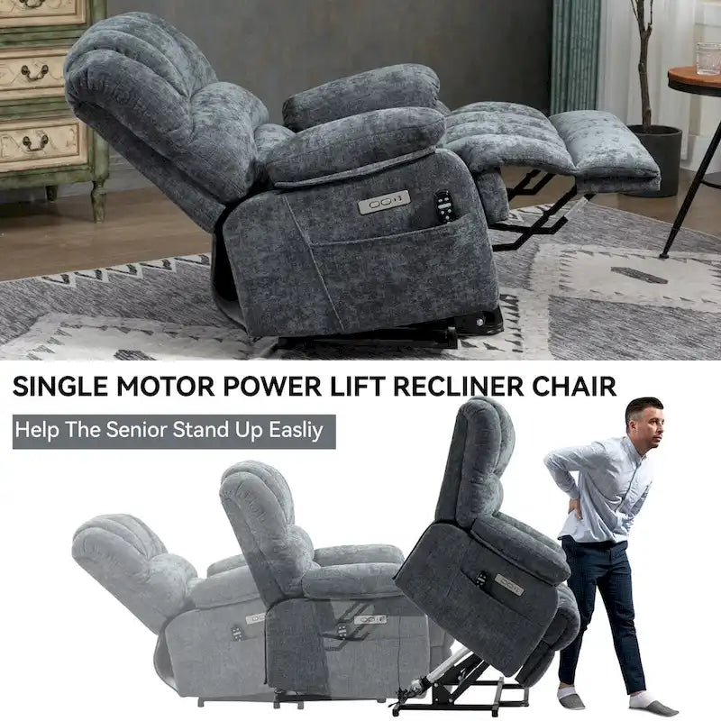 Oversized Chenille Power Lift Recliner Chair with Massage and Lumbar Heating, USB Charge Port