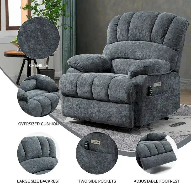 Brown / Blue-gray / Beige Chenille Power Lift Recliner Chair with Massage & Heat, Single