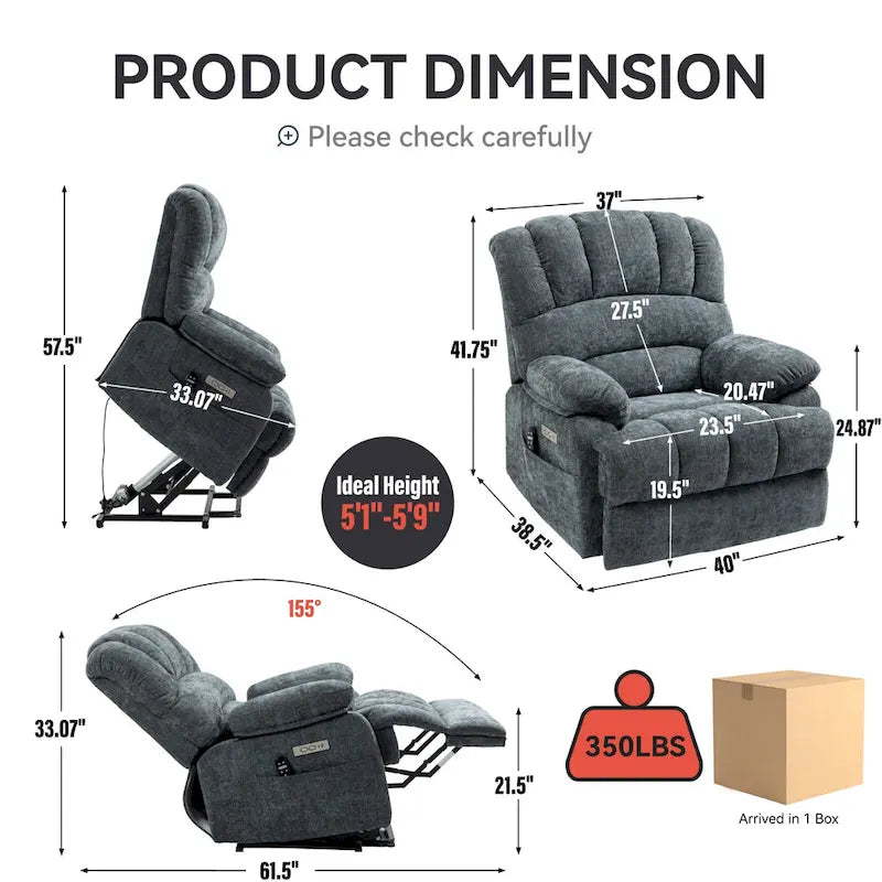 Brown / Blue-gray / Beige Chenille Power Lift Recliner Chair with Massage & Heat, Single