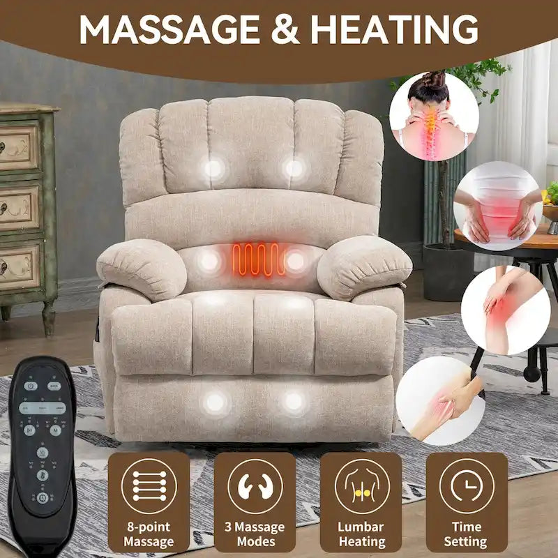 Brown / Blue-gray / Beige Chenille Power Lift Recliner Chair with Massage & Heat, Single