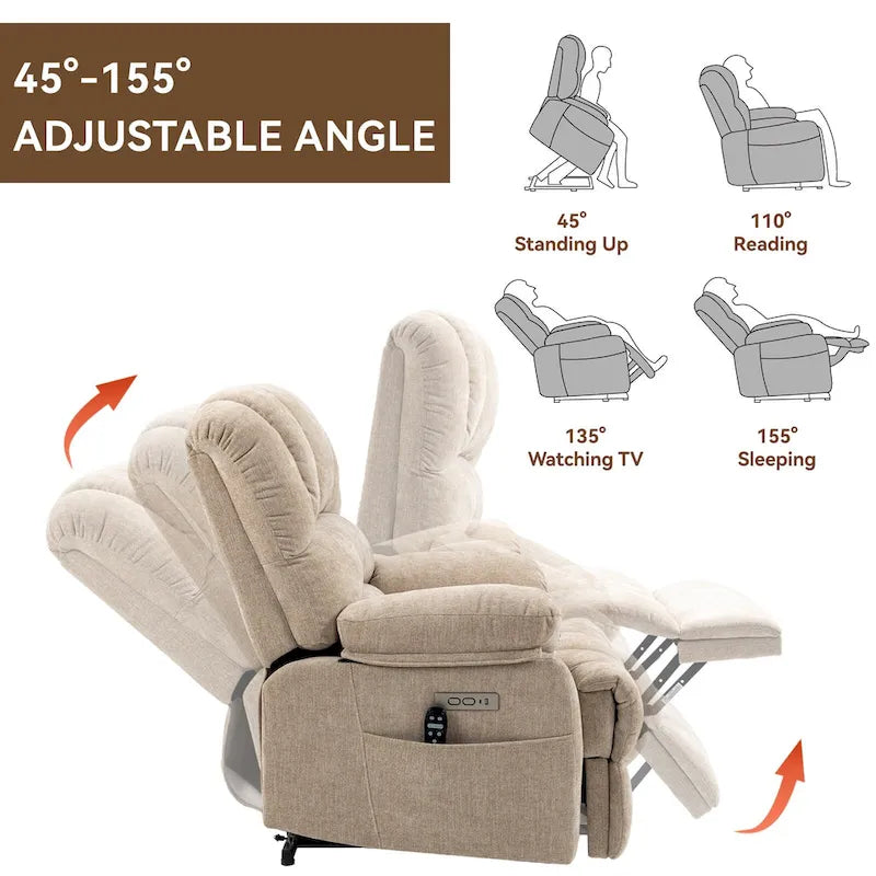 Brown / Blue-gray / Beige Chenille Power Lift Recliner Chair with Massage & Heat, Single