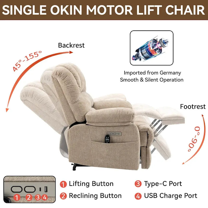 Brown / Blue-gray / Beige Chenille Power Lift Recliner Chair with Massage & Heat, Single