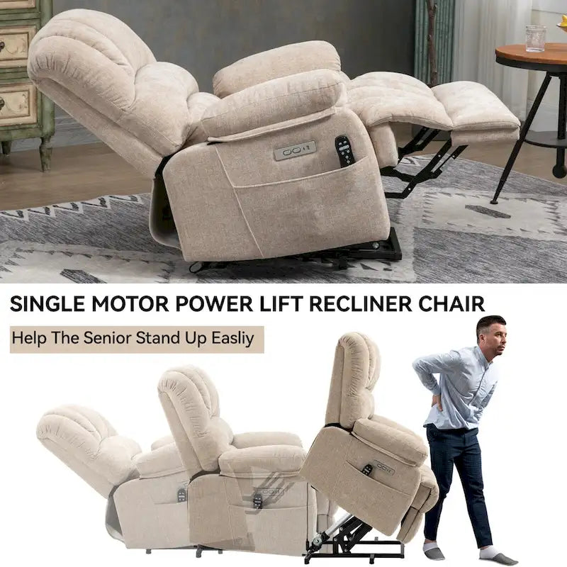 Brown / Blue-gray / Beige Chenille Power Lift Recliner Chair with Massage & Heat, Single