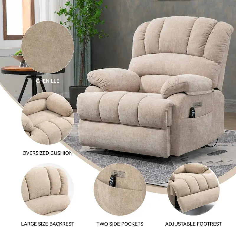Brown / Blue-gray / Beige Chenille Power Lift Recliner Chair with Massage & Heat, Single