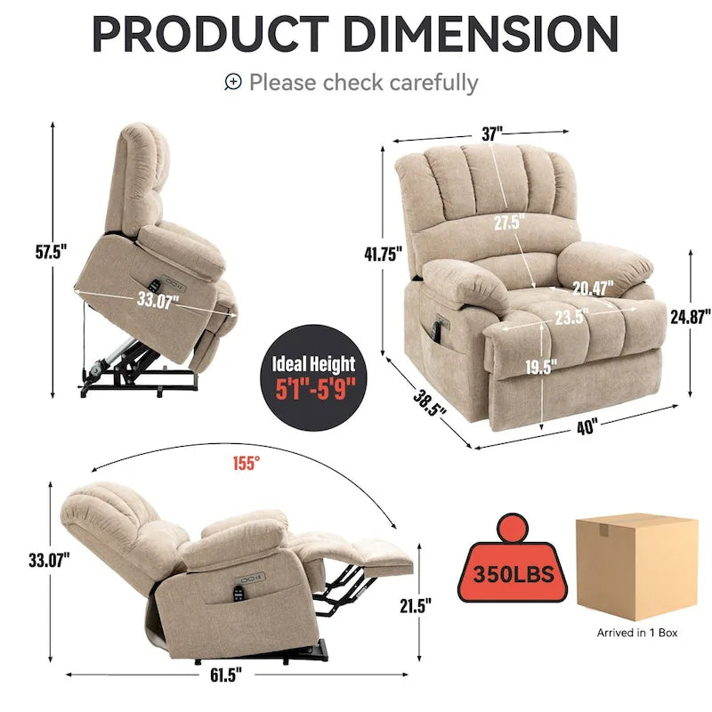 Brown / Blue-gray / Beige Chenille Power Lift Recliner Chair with Massage & Heat, Single