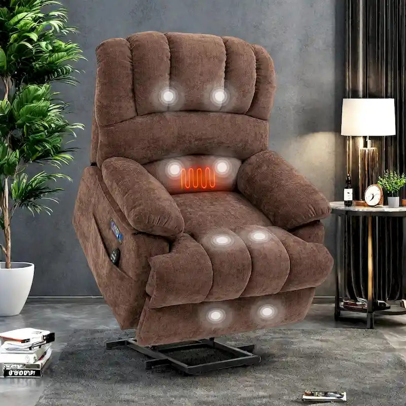 Brown / Blue-gray / Beige Chenille Power Lift Recliner Chair with Massage & Heat, Single