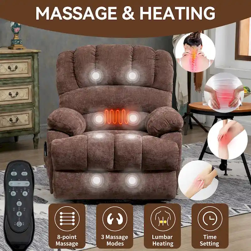 Brown / Blue-gray / Beige Chenille Power Lift Recliner Chair with Massage & Heat, Single
