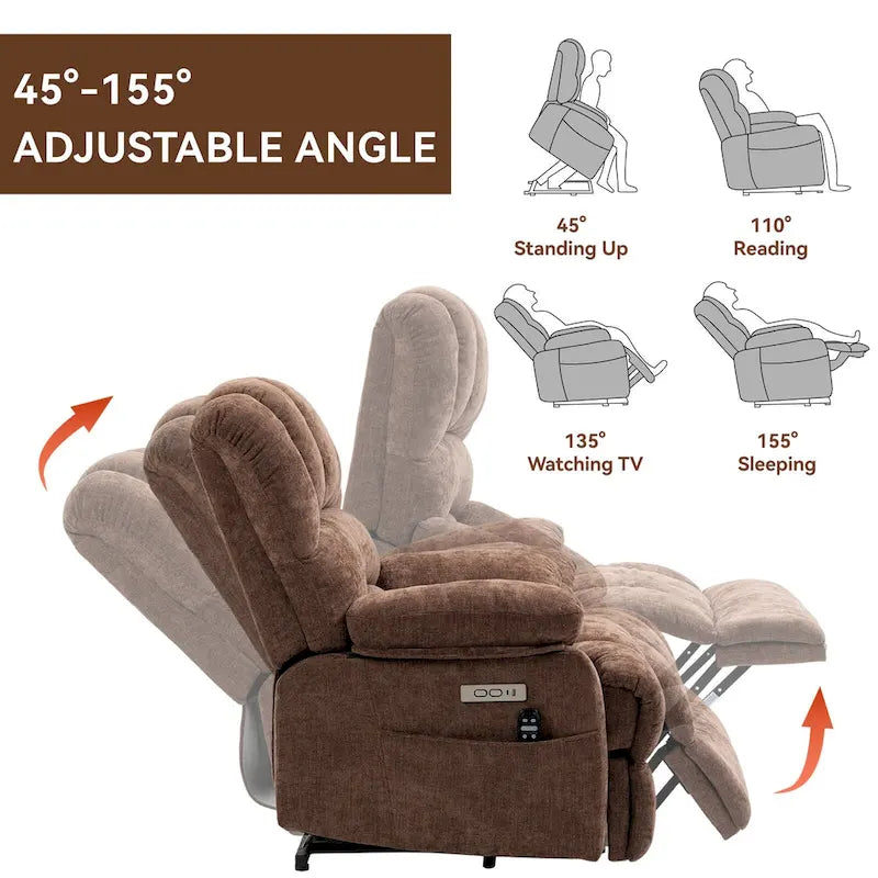 Brown / Blue-gray / Beige Chenille Power Lift Recliner Chair with Massage & Heat, Single