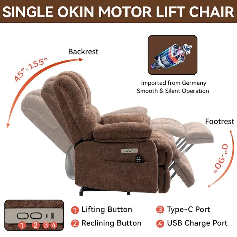 Brown / Blue-gray / Beige Chenille Power Lift Recliner Chair with Massage & Heat, Single
