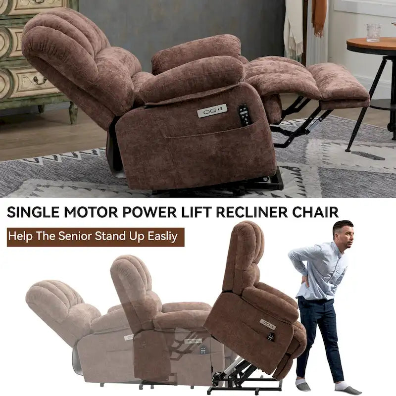 Brown / Blue-gray / Beige Chenille Power Lift Recliner Chair with Massage & Heat, Single