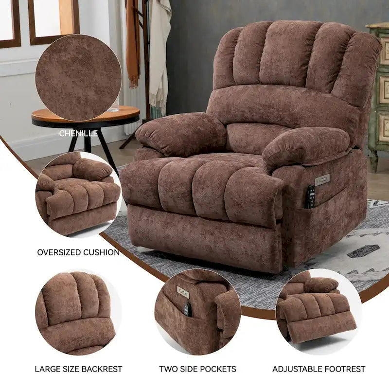 Brown / Blue-gray / Beige Chenille Power Lift Recliner Chair with Massage & Heat, Single