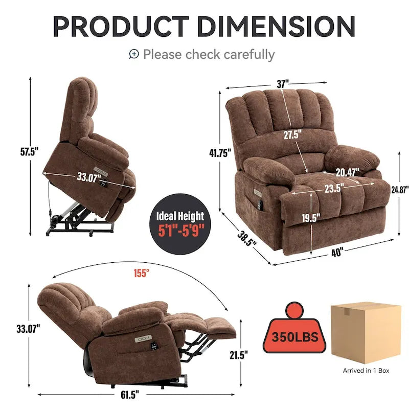 Brown / Blue-gray / Beige Chenille Power Lift Recliner Chair with Massage & Heat, Single