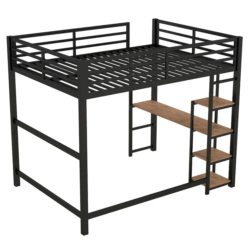 Full Size Metal Loft Bed with Built-in Desk and Storage Shelves