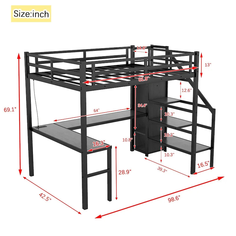 Twin XL Size Loft Bed with L-shaped Desk and USB