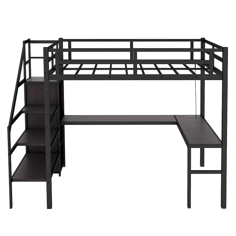 Twin XL Size Loft Bed with L-shaped Desk and USB