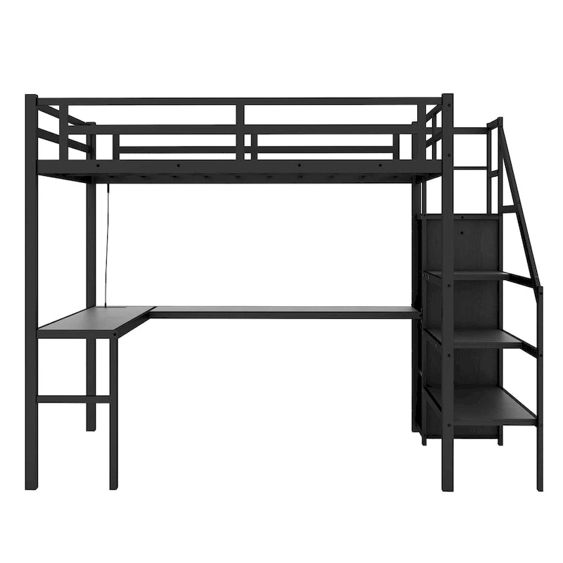 Twin XL Size Loft Bed with L-shaped Desk and USB