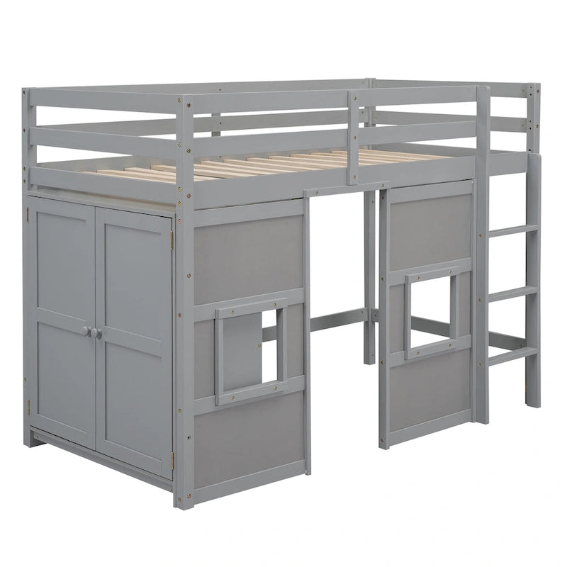 Wood Twin Size Loft Bed with Built-in Storage Wardrobe and 2 Windows