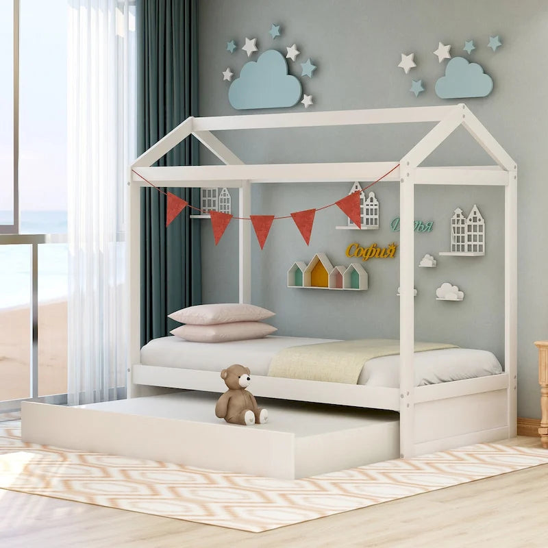 Wooden Twin Size House Bed with Trundle, Pull-Out Trundle