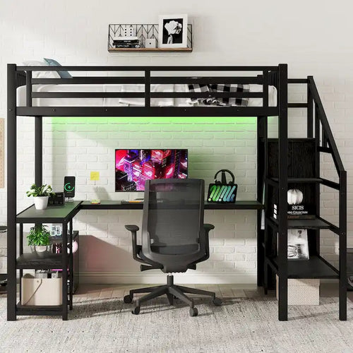 Full Loft Bed with Desk, Wardrobe, LED, USB
