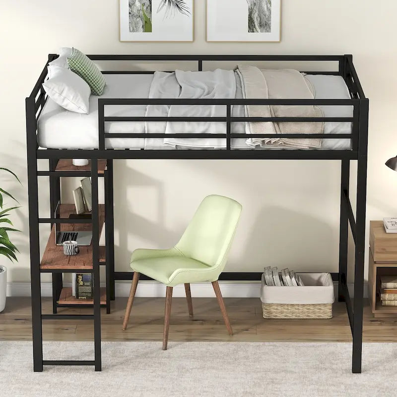 Black Full Size Metal Loft Bed with Desk & 4-Tier Shelves, for 1 Person