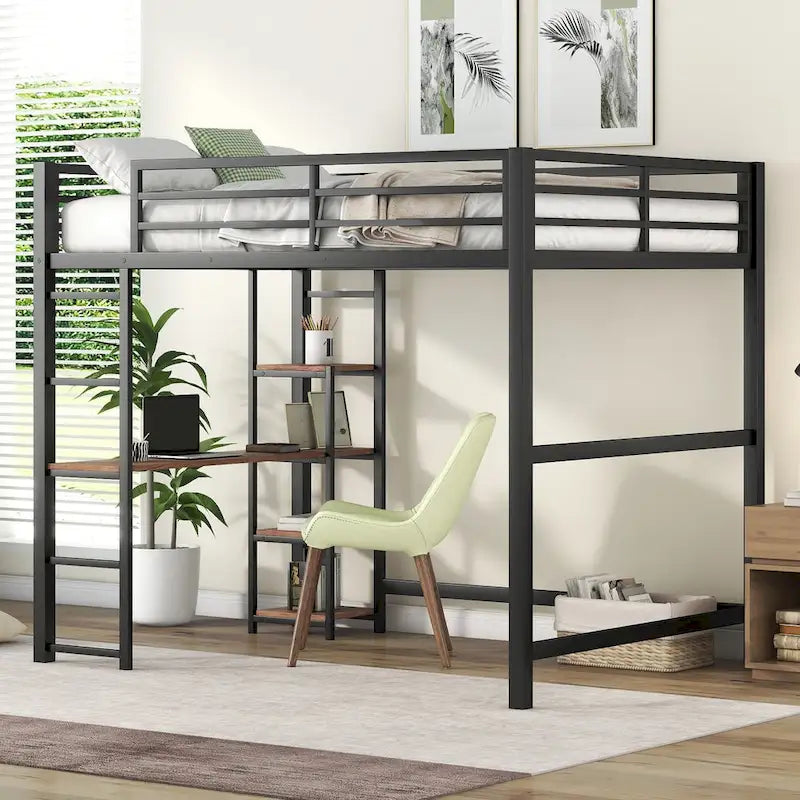 Black Full Size Metal Loft Bed with Desk & 4-Tier Shelves, for 1 Person