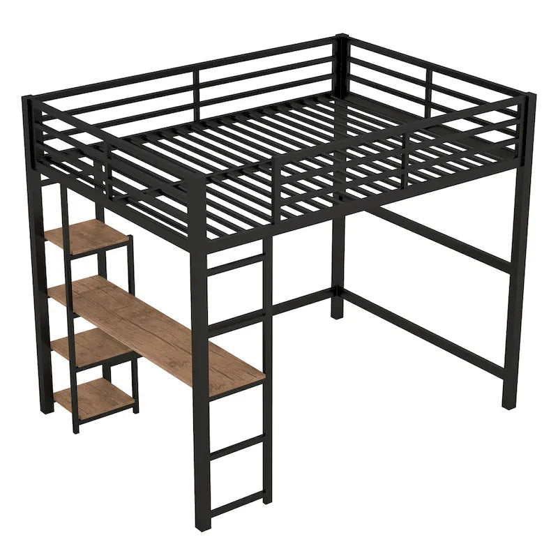Black Full Size Metal Loft Bed with Desk & 4-Tier Shelves, for 1 Person