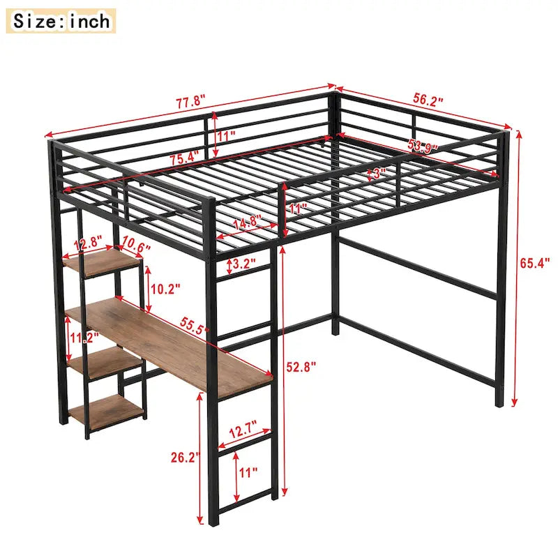 Black Full Size Metal Loft Bed with Desk & 4-Tier Shelves, for 1 Person