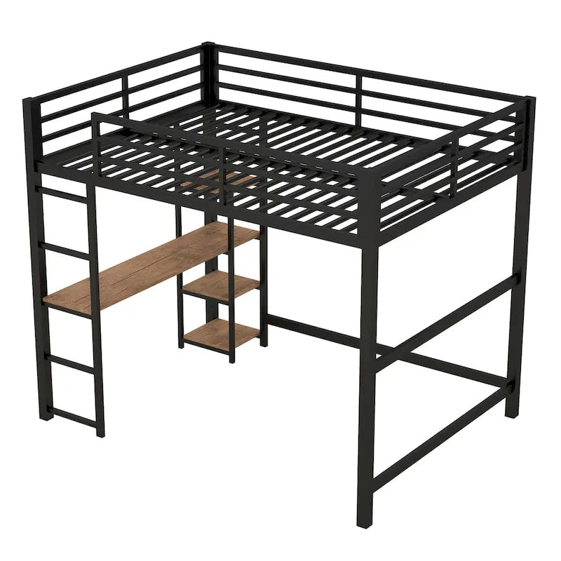 Black Full Size Metal Loft Bed with Desk & 4-Tier Shelves, for 1 Person
