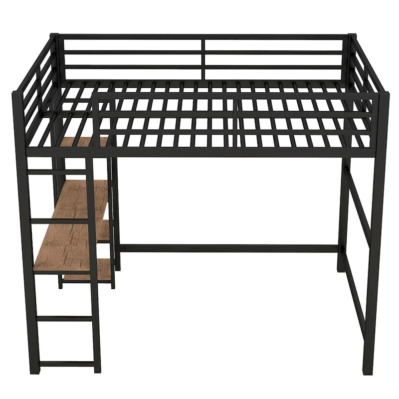 Black Full Size Metal Loft Bed with Desk & 4-Tier Shelves, for 1 Person