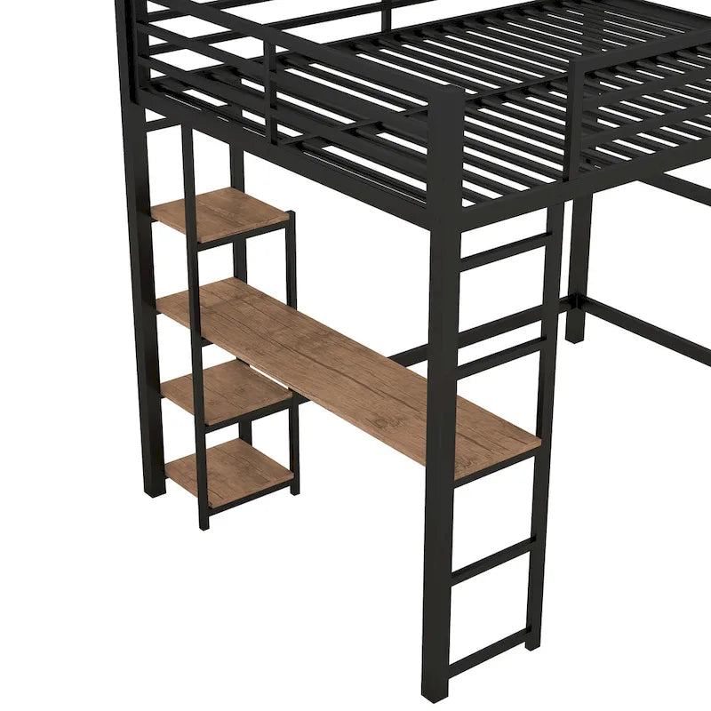 Black Full Size Metal Loft Bed with Desk & 4-Tier Shelves, for 1 Person