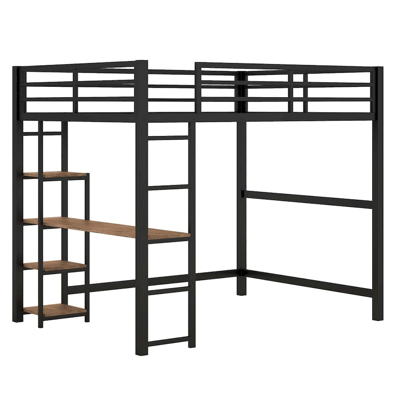 Black Full Size Metal Loft Bed with Desk & 4-Tier Shelves, for 1 Person