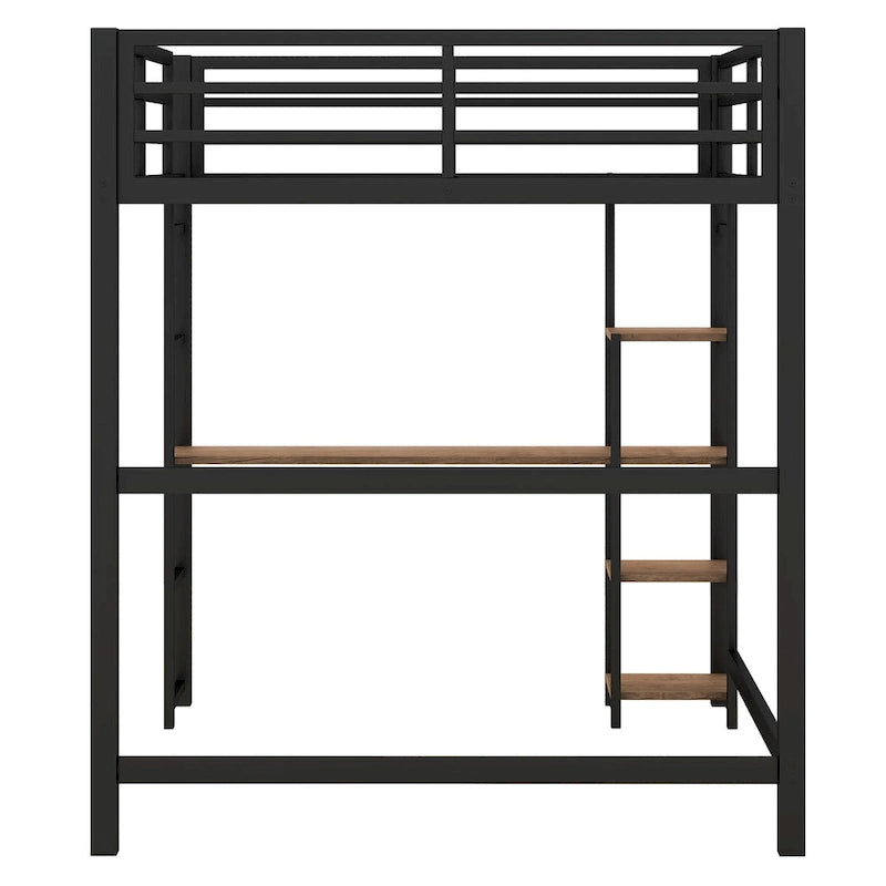 Black Full Size Metal Loft Bed with Desk & 4-Tier Shelves, for 1 Person