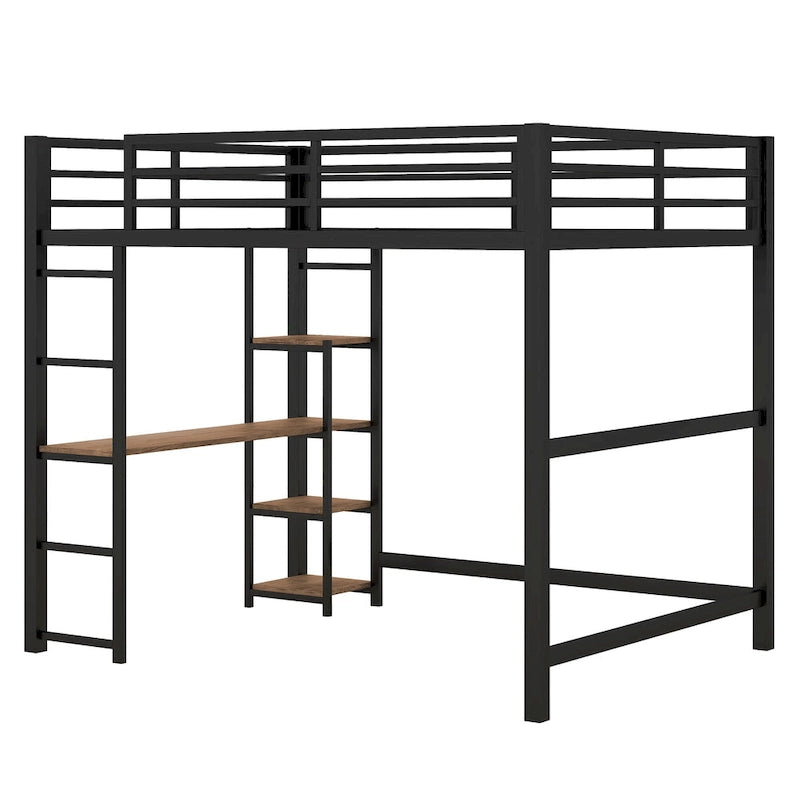 Black Full Size Metal Loft Bed with Desk & 4-Tier Shelves, for 1 Person
