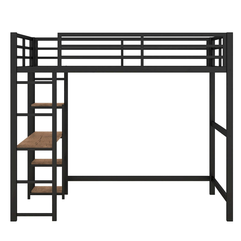 Black Full Size Metal Loft Bed with Desk & 4-Tier Shelves, for 1 Person