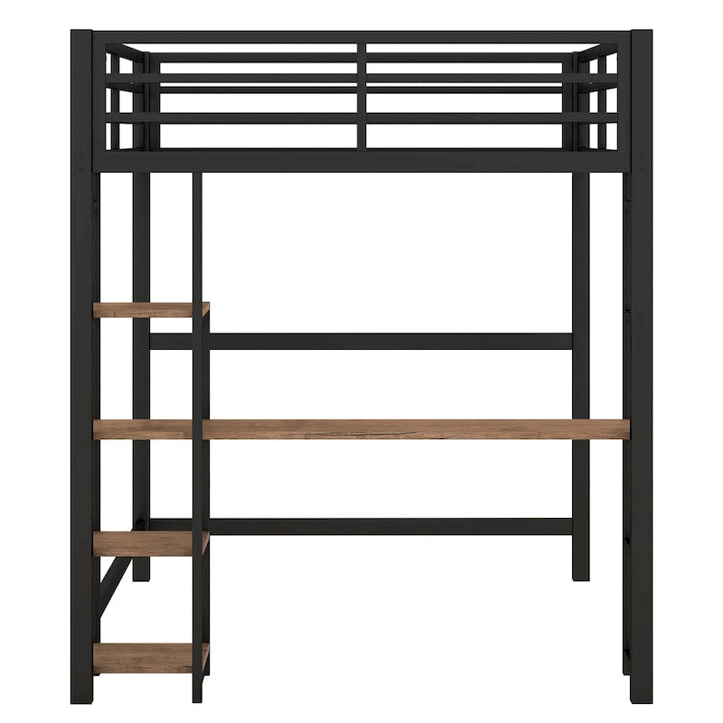 Black Full Size Metal Loft Bed with Desk & 4-Tier Shelves, for 1 Person