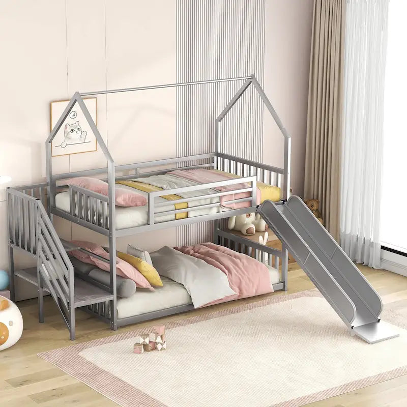 Silver/Black Twin over Twin Metal Bunk Bed with Slide & Staircase, House Shape, Sleeps 2