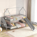 Silver/Black Twin over Twin Metal Bunk Bed with Slide & Staircase, House Shape, Sleeps 2