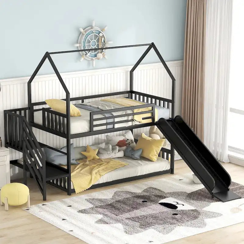 Silver/Black Twin over Twin Metal Bunk Bed with Slide & Staircase, House Shape, Sleeps 2